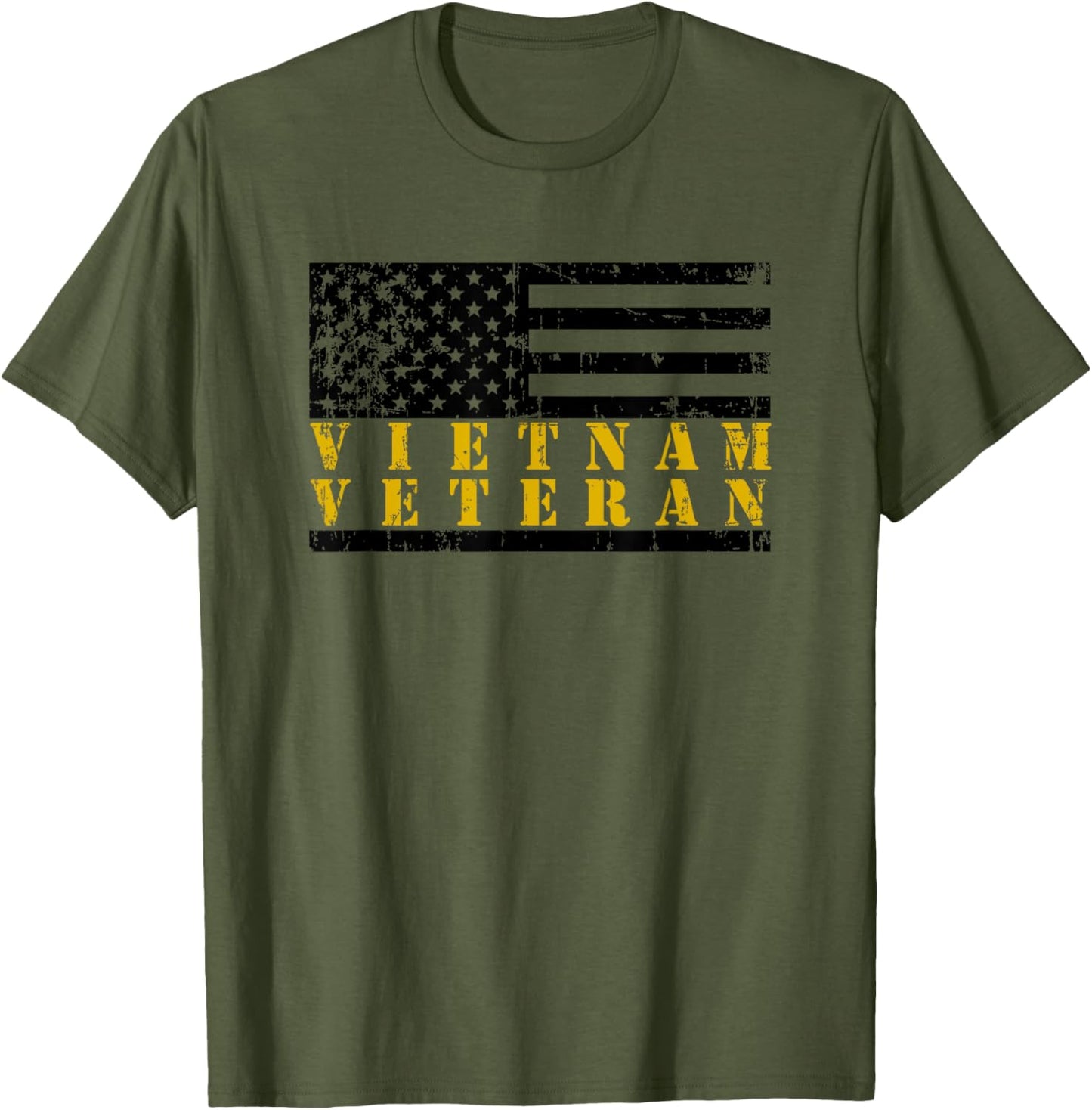 Vietnam Veteran Yellow Text Distressed American Flag T-Shirt