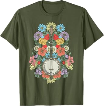 Banjo Flowers Vintage Stringed Bluegrass Folk Floral Design T-Shirt