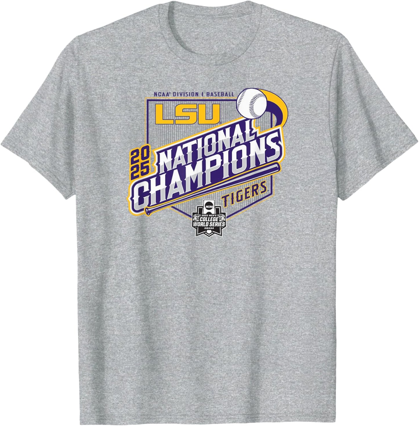 LSU Tigers Baseball National Champs 2025 MCWS Base Gray T-Shirt