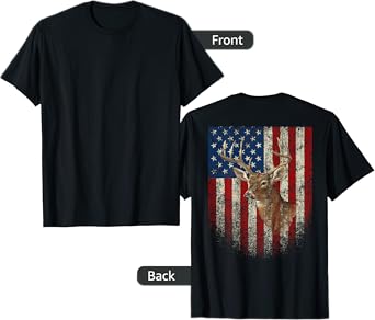 American Flag (Print on the Back) Deer Antlers Hunting Women Kids Men T-Shirt