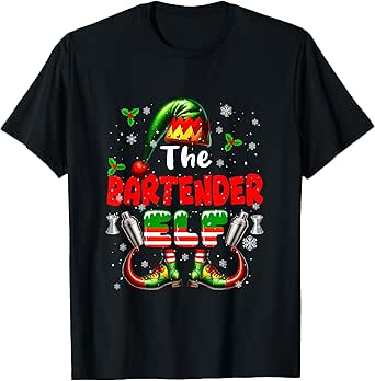 The Bartender Elf Christmas Funny Job Team Matching Parties T-Shirt