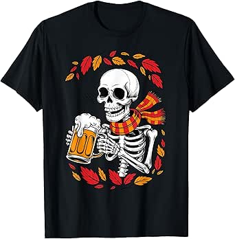 Skeleton Beer Drinker Halloween Thanksgiving Oktoberfest T-Shirt