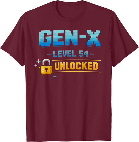 Gen X, Level 54 Unlocked Retro Gamer Vintage Birthday T-Shirt T-Shirt - T-Shirt | Maroon