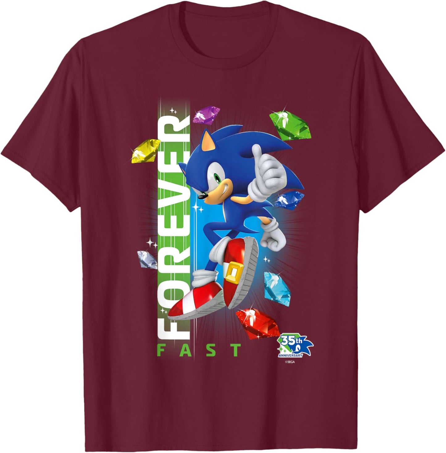 Sonic The Hedgehog 35th Anniversary Forever Fast Emeralds T-Shirt - T-Shirt | Maroon