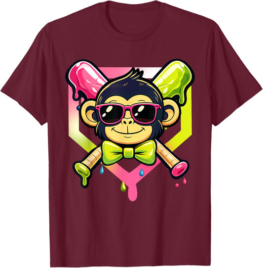 Cute Party Animals Baseball Funny Monkey Sunglasses T-Shirt - T-Shirt | Maroon