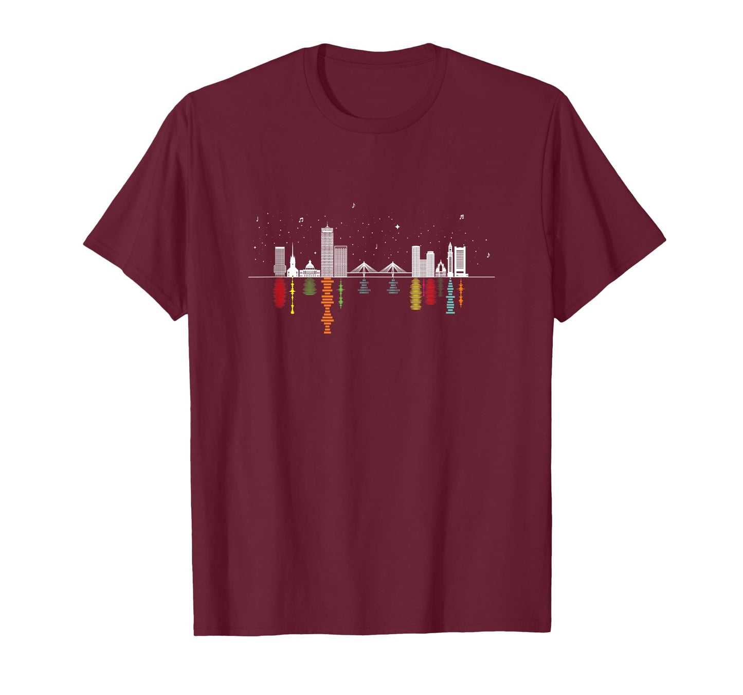 Boston Night Skyline with Music & Sound Wave Reflections T-Shirt