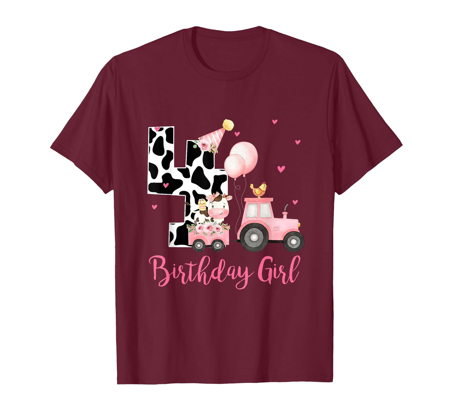 4th Birthday Outfit Girl 4 Year Old Farm Cow Chick Tractor T-Shirt