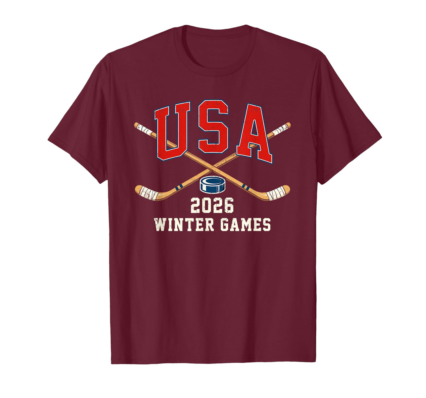 Ice Hockey 2026 Sticks US Flag Patriotic Player Men Boys Kid T-Shirt - T-Shirt | Maroon