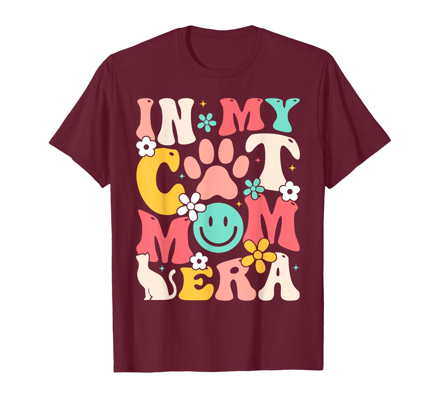 Retro In My Cat Mom Era Smile Face Cat Paw Mothers Day Women T-Shirt