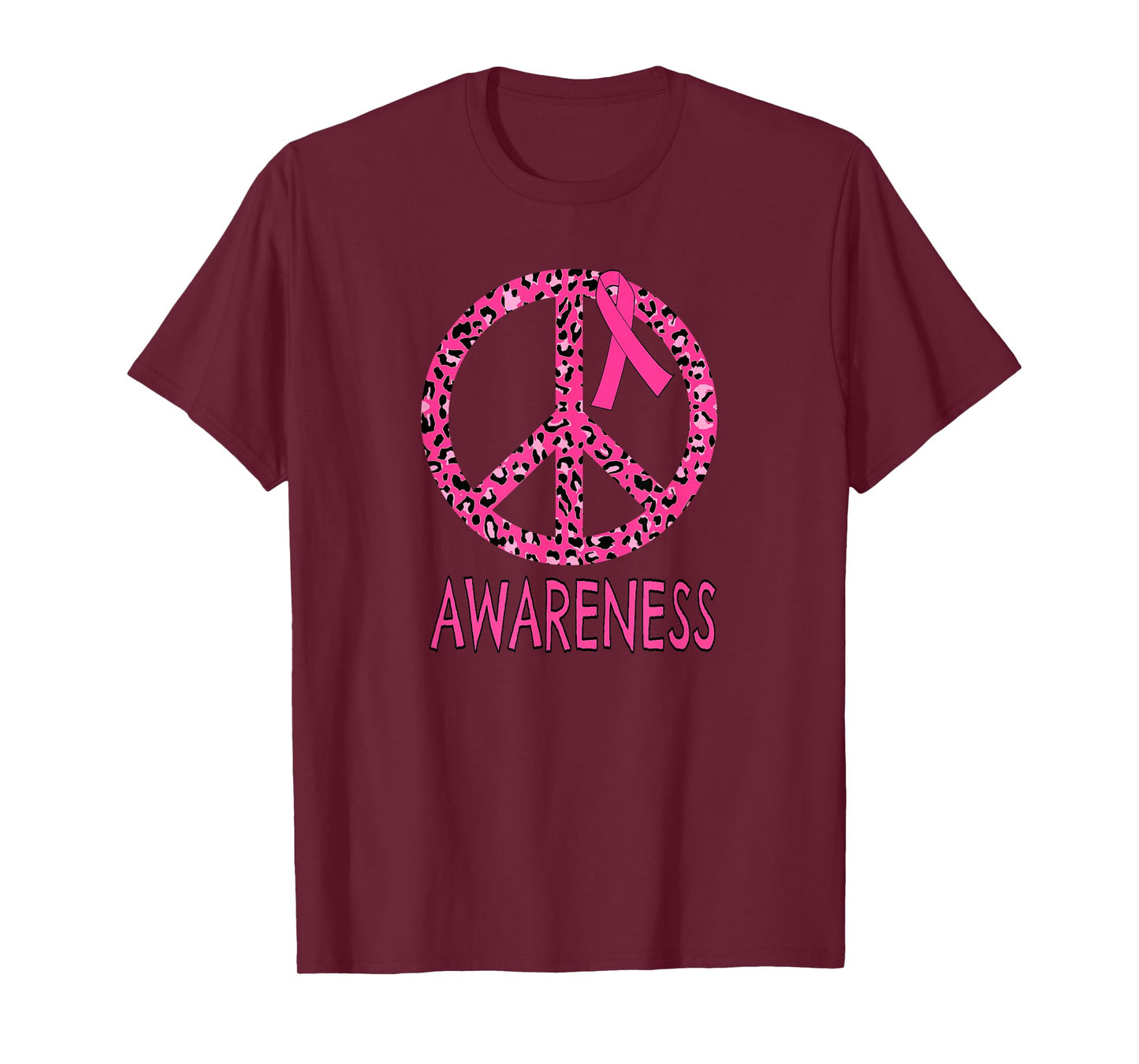 Breast Cancer Peace Sign Pink Leopard Print T-Shirt