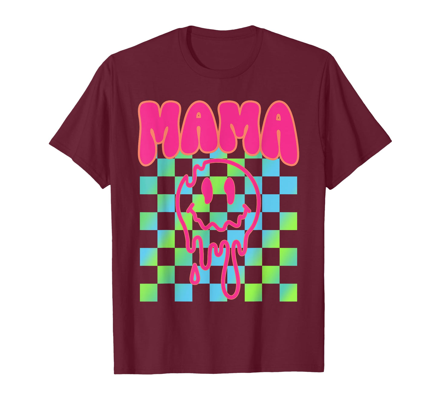 Colorful Rainbow Checkered Mama Funny Face Mom Life Womens T-Shirt