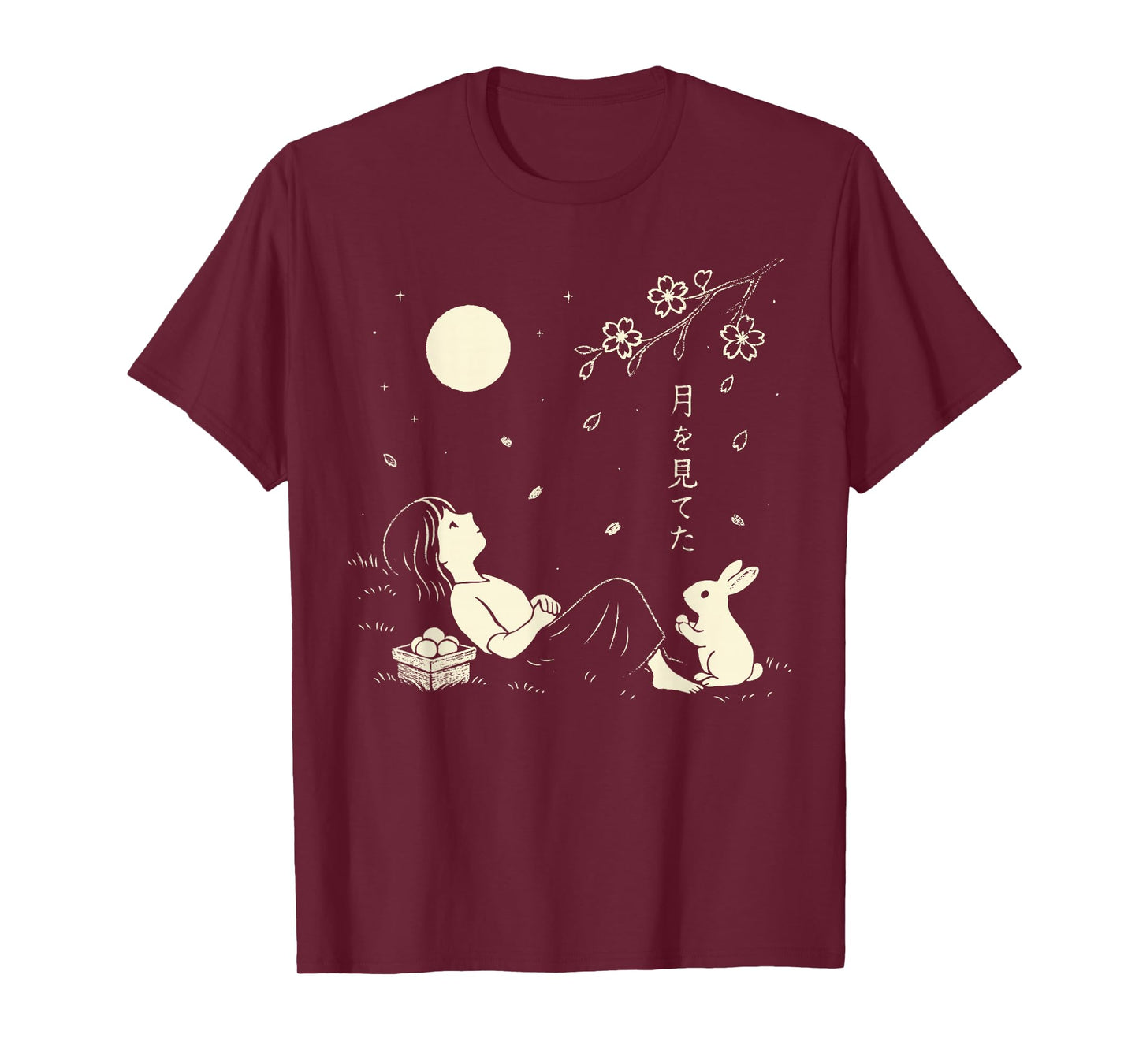 Girl & Rabbit Full Moon Cherry Blossom Japanese Harajuku T-Shirt