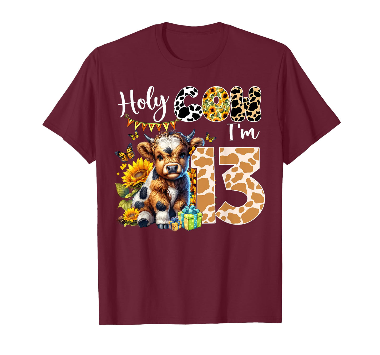 Holy Cow I’m 13 Years Old Dairy Cow Sunflowers 13th Birthday T-Shirt