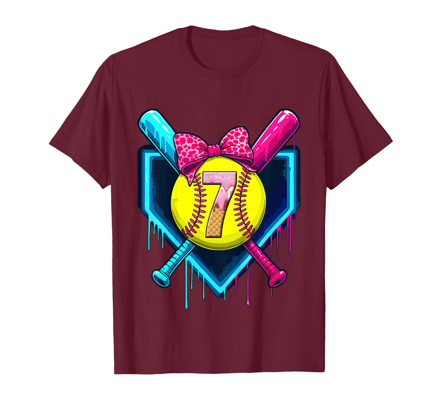Softball 7 Years Old Ice Cream Drip 7th Birthday Girl T-Shirt