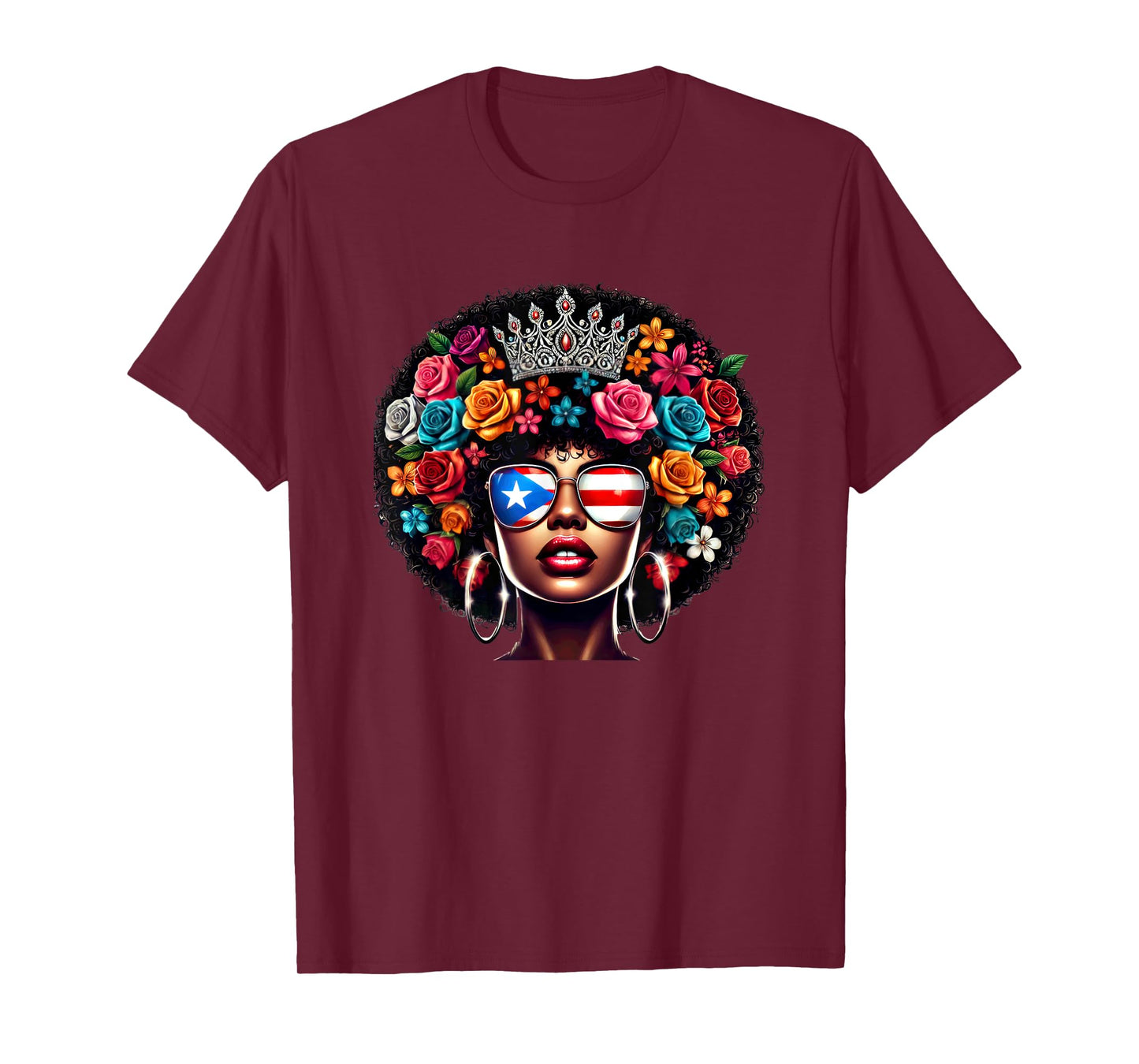 Afro Boricua Queen Crown Flowers Sunglasses Puerto Rico Flag T-Shirt