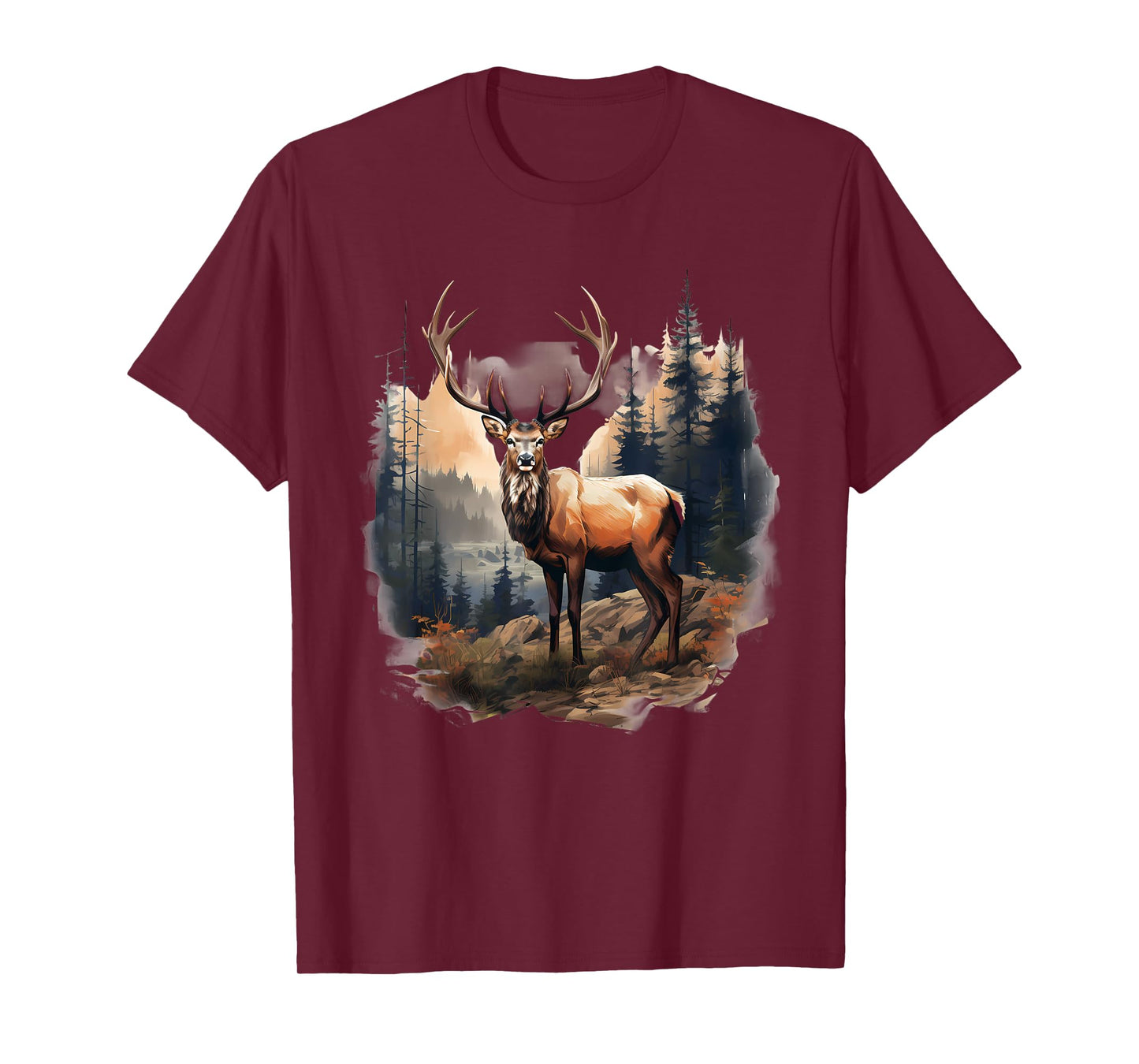 Deer Forest Landscape Wildlife Artwork Nature Animal Lovers T-Shirt