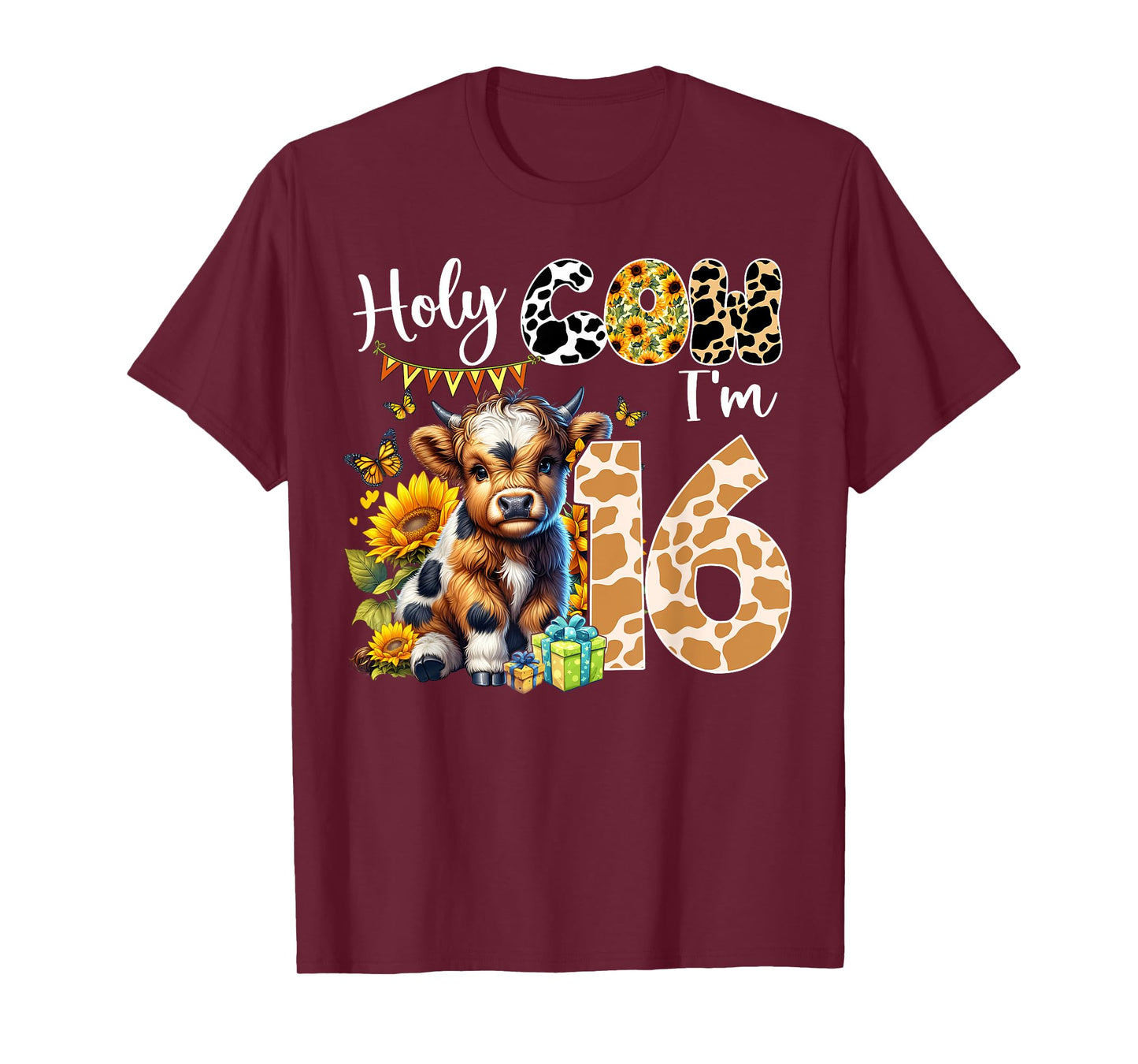 Holy Cow I’m 16 Years Old Dairy Cow Sunflowers 16th Birthday T-Shirt