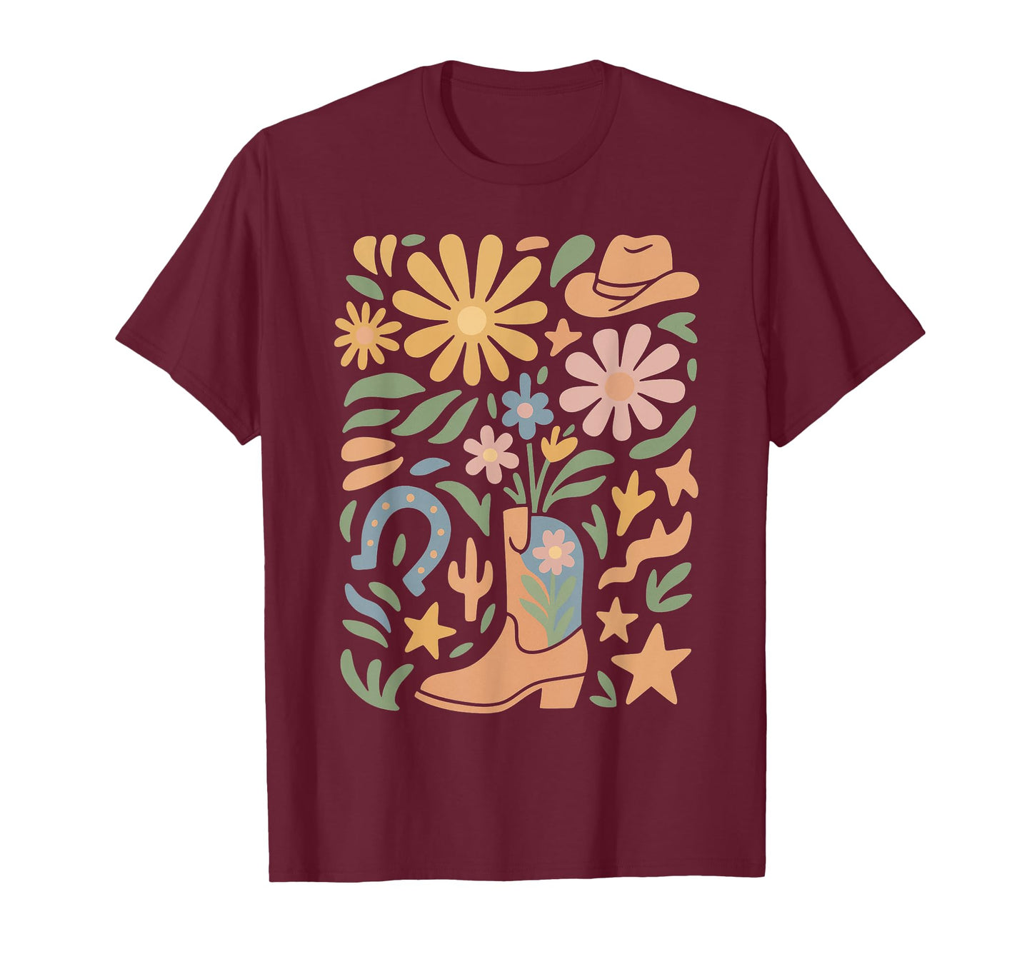 Boho Flowers Cowgirl Pink Boots Cow Skull Western Country T-Shirt