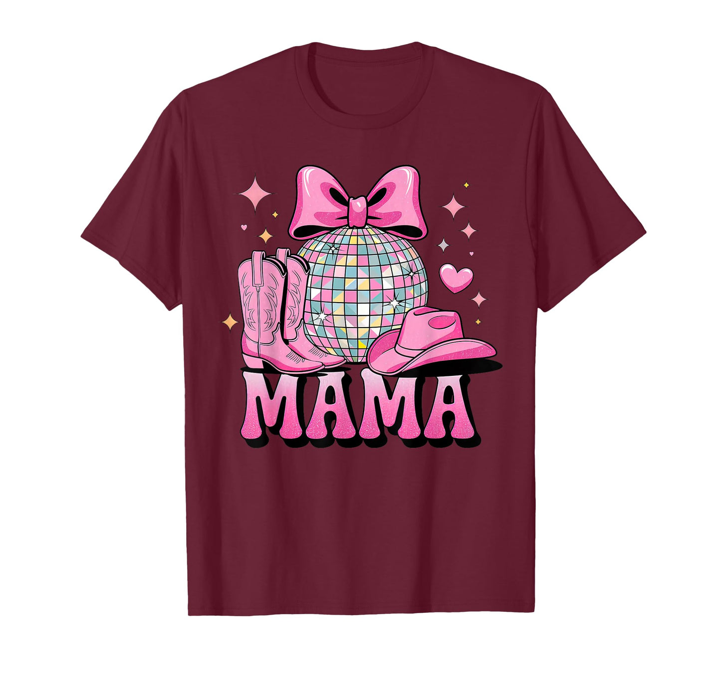Pink Cowboy Hat Western Cowgirl Mama Bow Groovy Country Mom T-Shirt