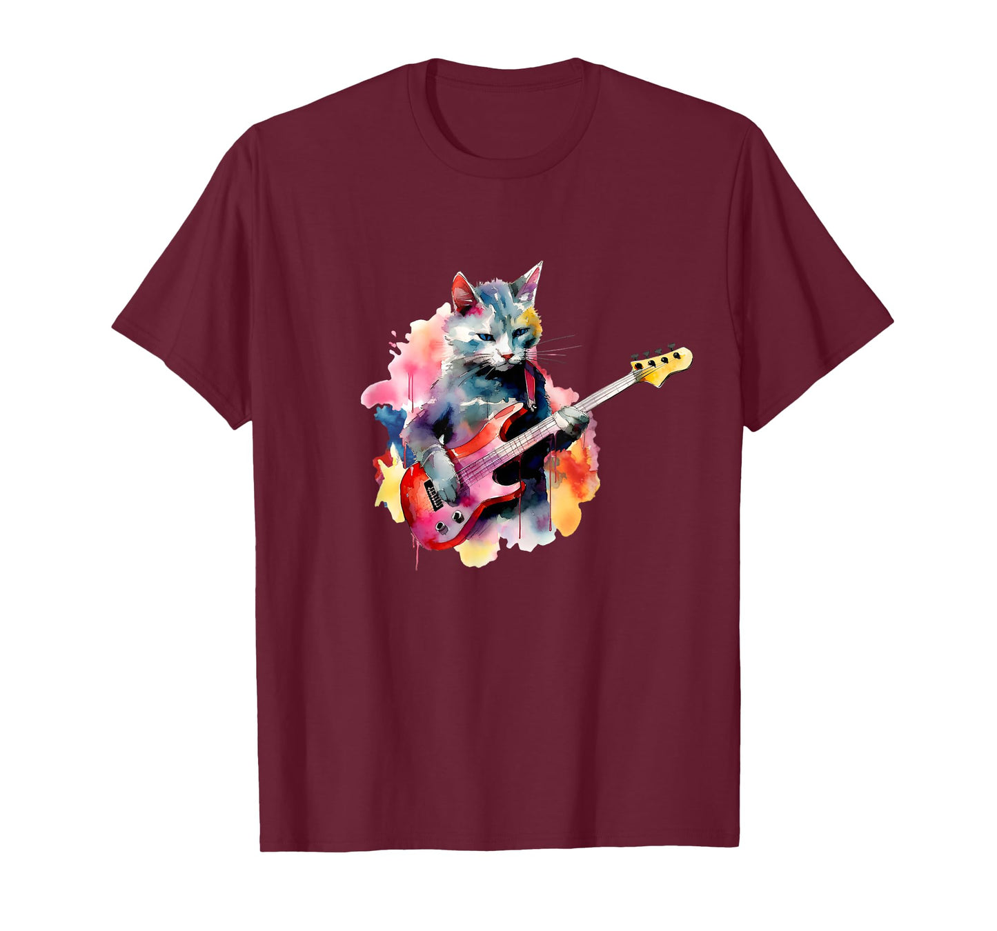 Cat Playing Bass Guitar Watercolor Graphic Design T-Shirt