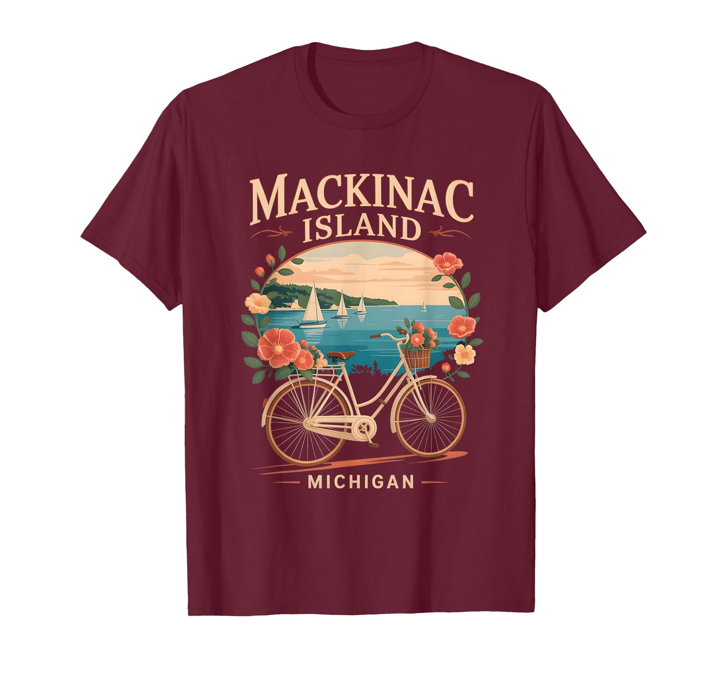 Vintage mackinac island michigan with Activities flower bike T-Shirt