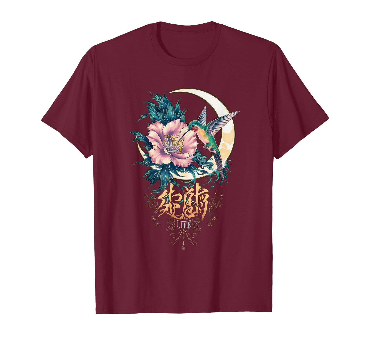 Vibrant Life Hummingbird with Hibiscus Moon Japanese Style T-Shirt