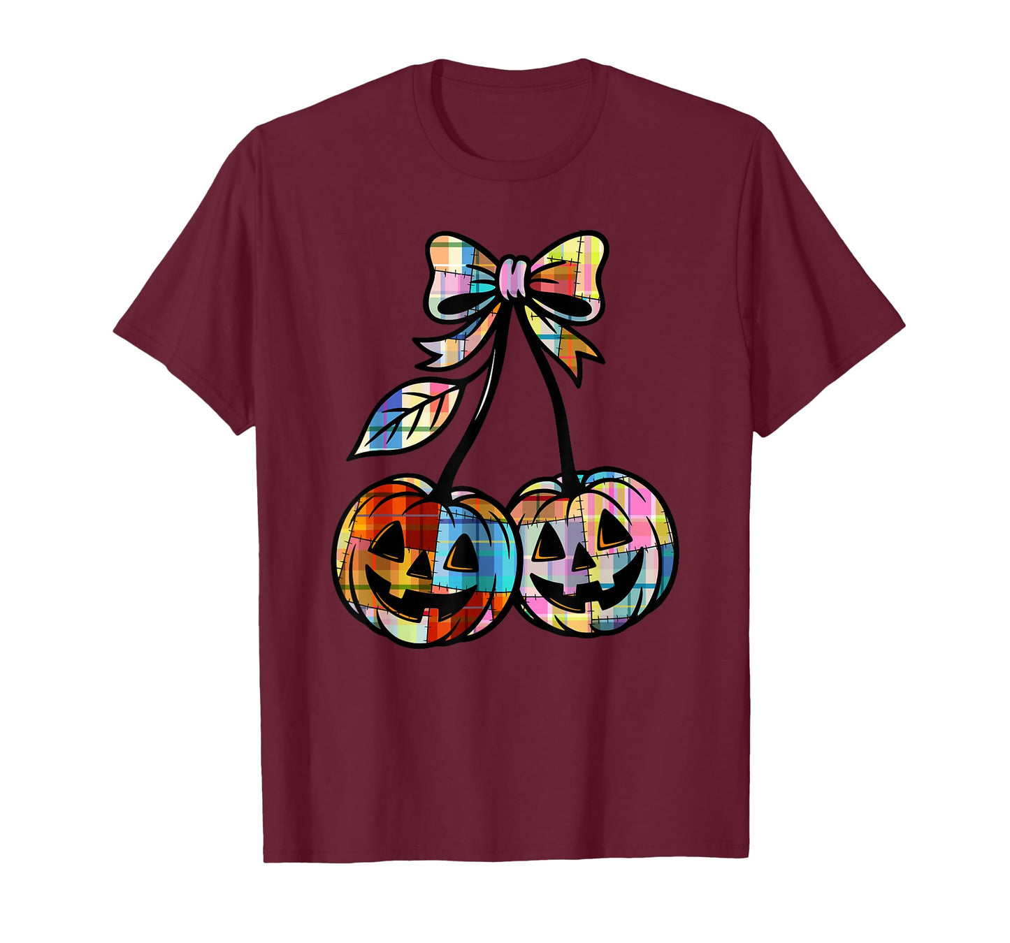 Pumpkin Cherries Coquette Plaid Retro Cherry Jack O'Lantern T-Shirt
