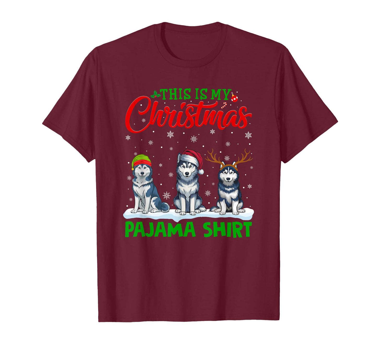 Xmas Santa Hat Reindeer Siberian Husky Dog Christmas Pajama T-Shirt