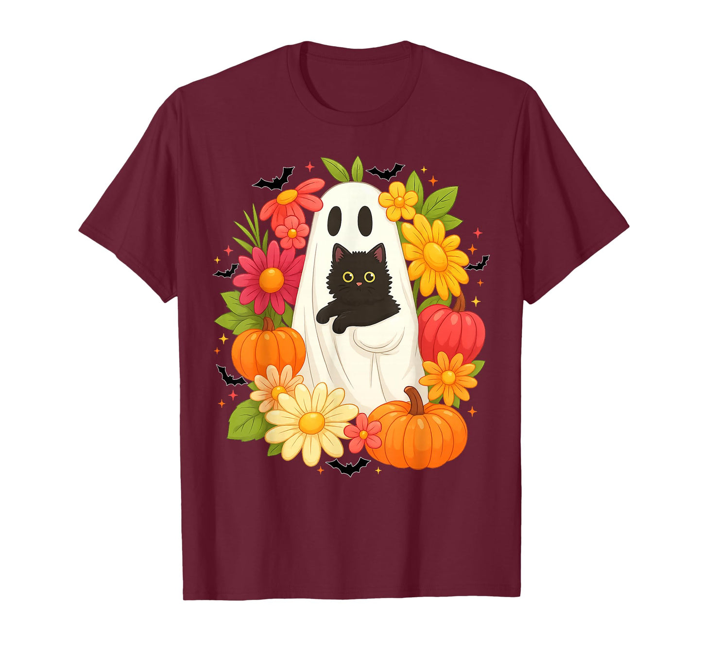 Vintage Boo Halloween Ghost Floral Black Cat Groovy Women T-Shirt