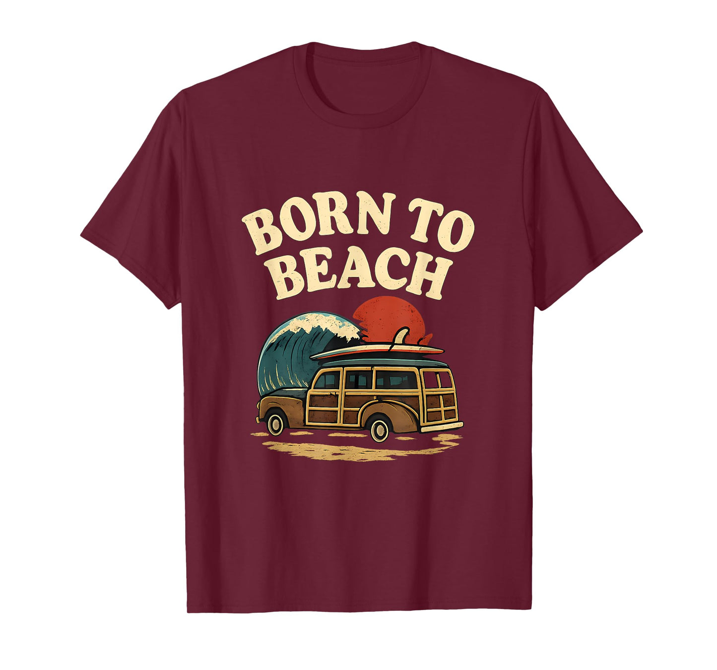 Born to Beach Vintage Surfboard Woody Wagon Summer Art T-Shirt