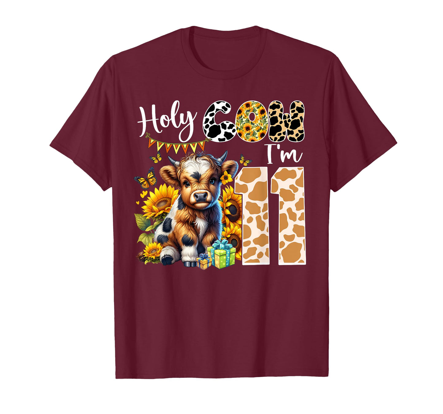 Holy Cow I’m 11 Years Old Dairy Cow Sunflowers 11th Birthday T-Shirt