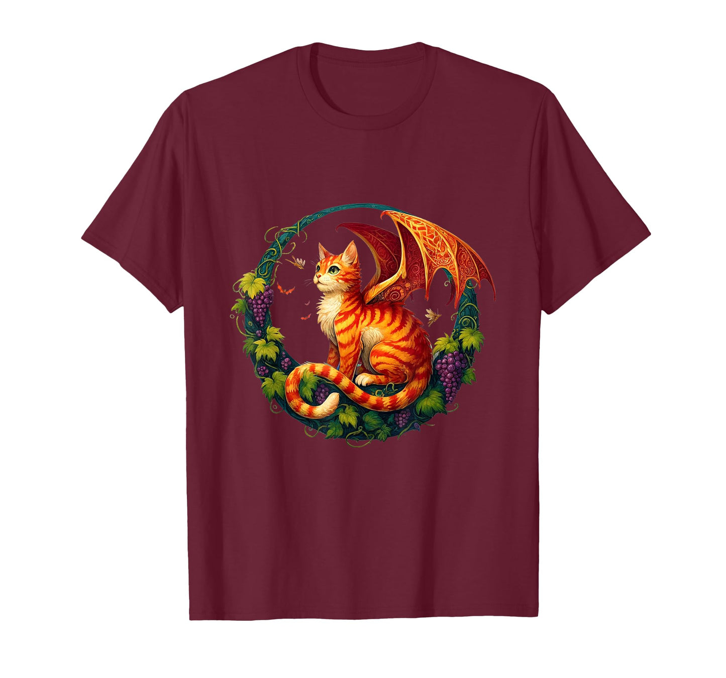 Retro Mystical Orange Tabby Dragon Cat Fae With Grapevines Men Women Kids T-Shirt