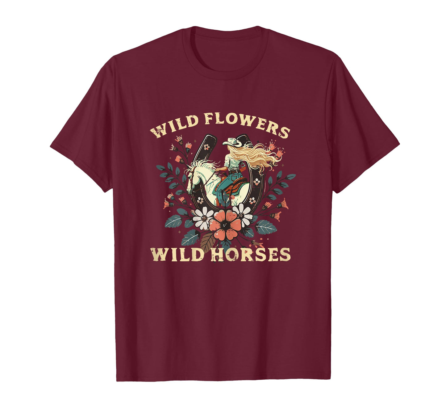 Wild Flowers Horses Vintage Equestrian Farm Women Girls Kids T-Shirt