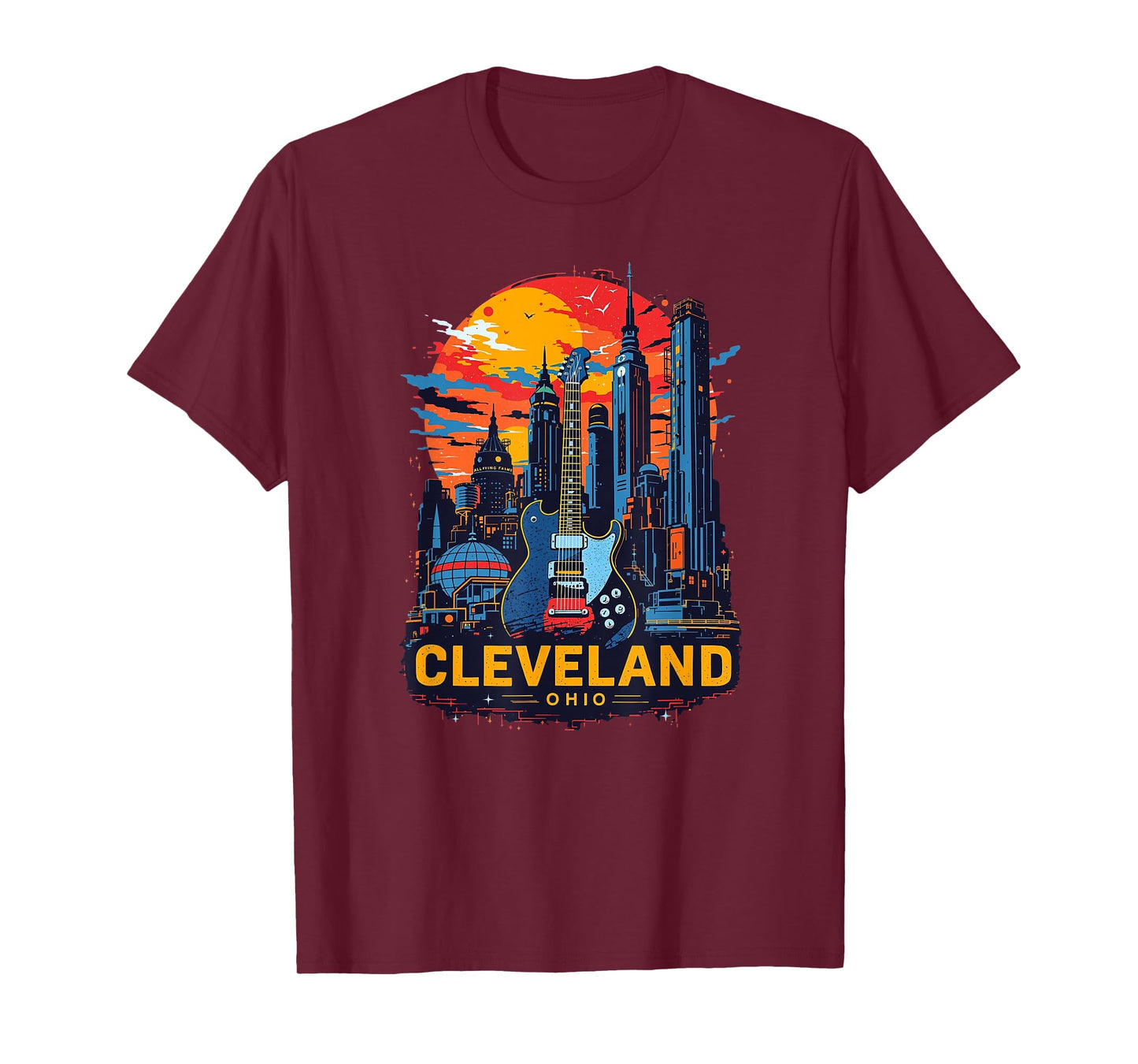 Vintage Cleveland Ohio Guitar Skyline Cityscape T-Shirt