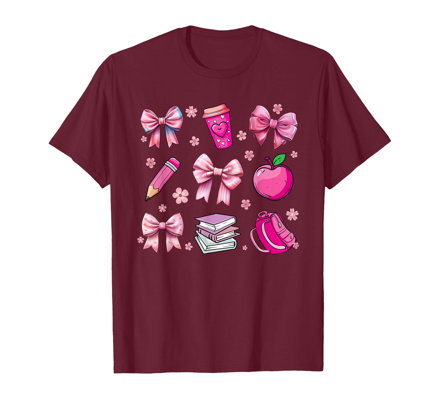 Back To School Pink Coquette Bow Pencil Apple Kids Girls T-Shirt
