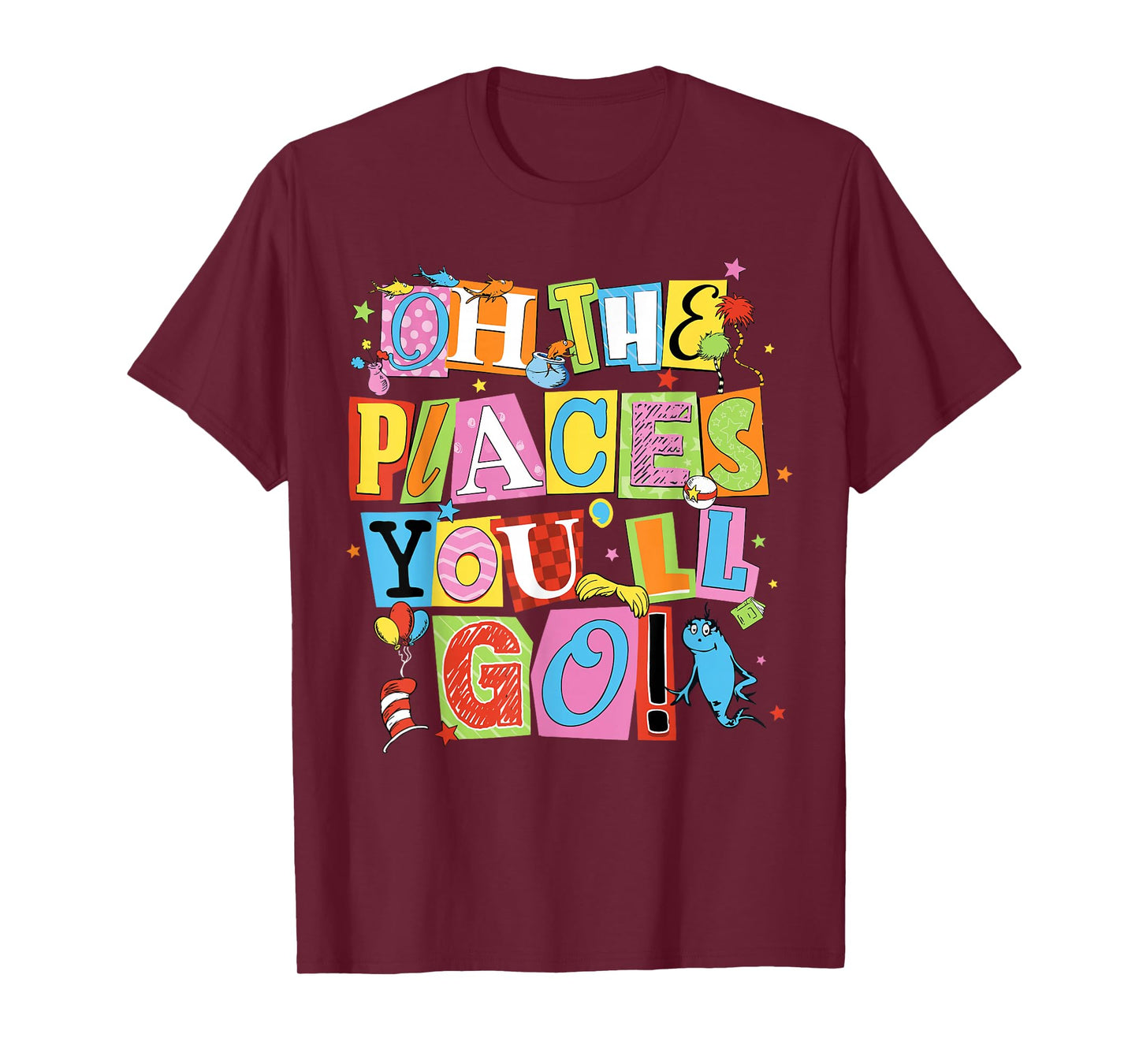 Reading Day Oh Places You Go Doctor Teacher Cat Hat Autism T-Shirt - T-Shirt | Maroon