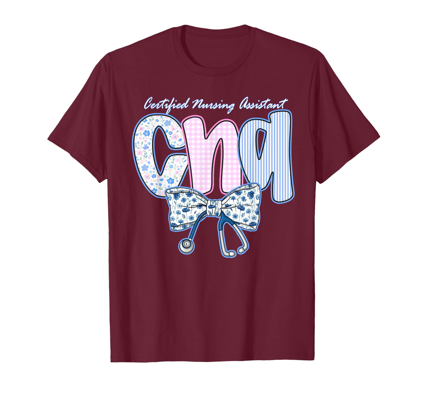 Coquette Bow CNA Nurse Blue Floral Stethoscope Cute Nurses T-Shirt