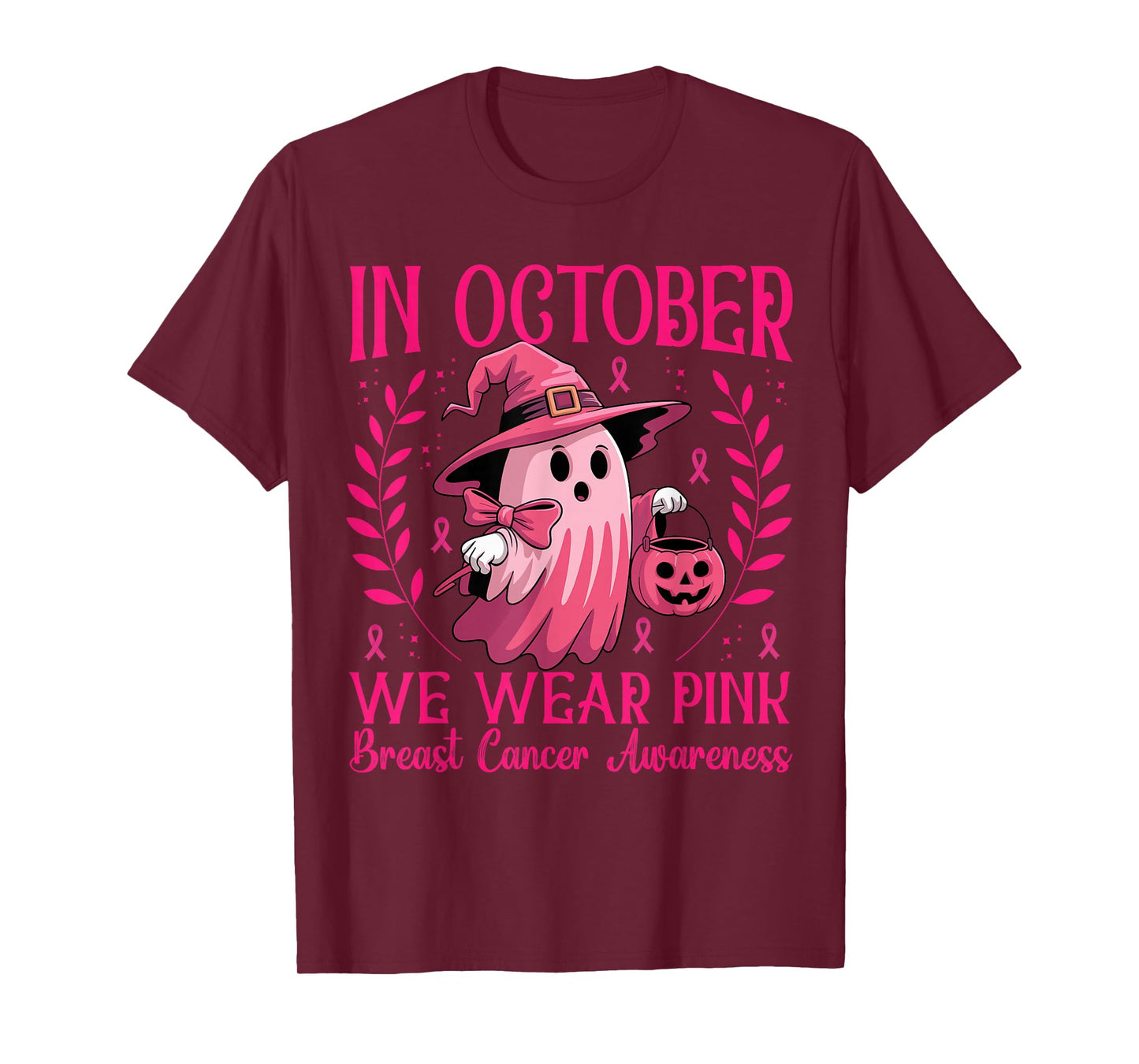 in October We Wear Pink Ghost Witch Breast Cancer Awareness T-Shirt