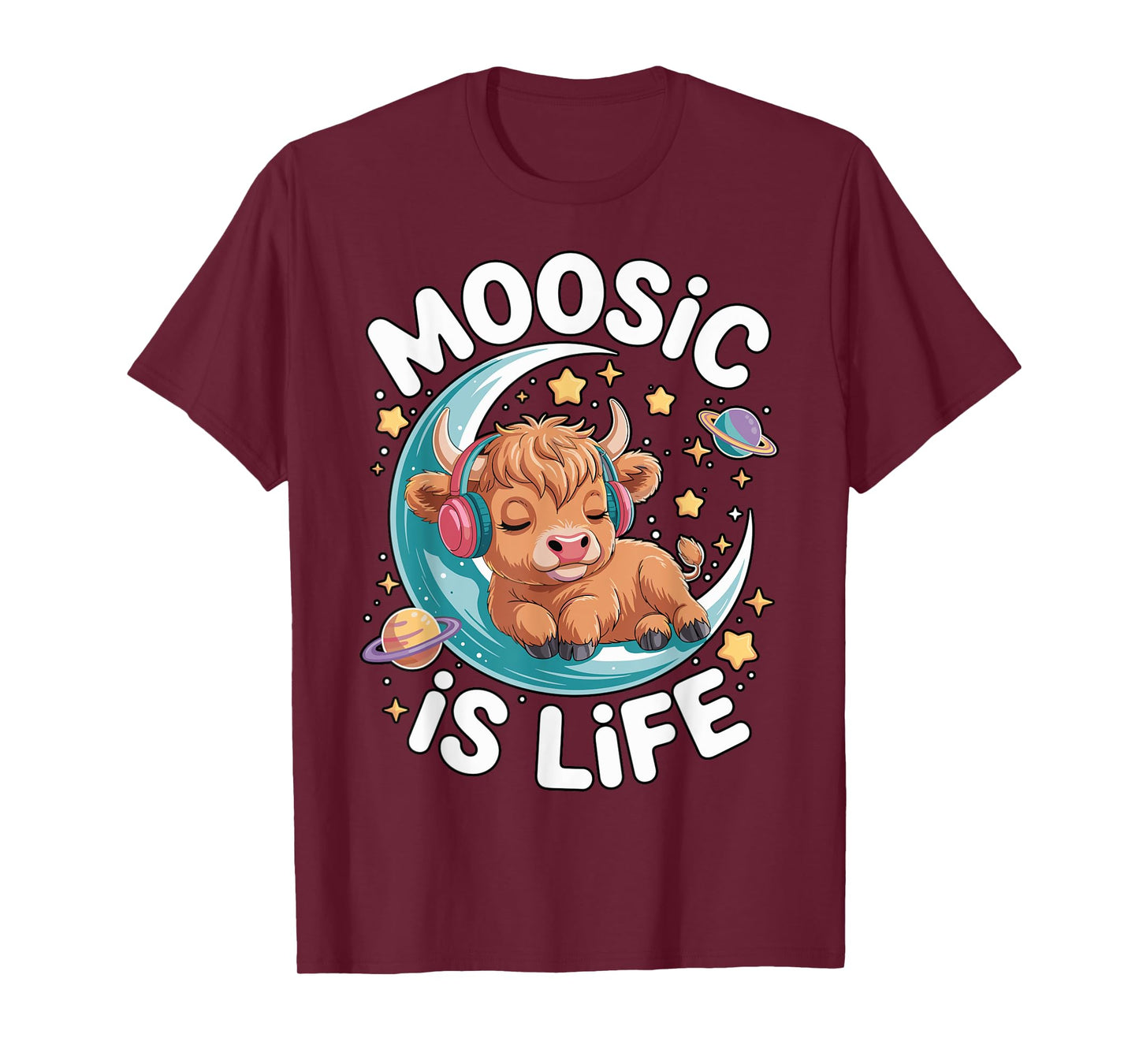 Funny Moosic is Life Cute High Land Cow On Moon Women, Girls T-Shirt
