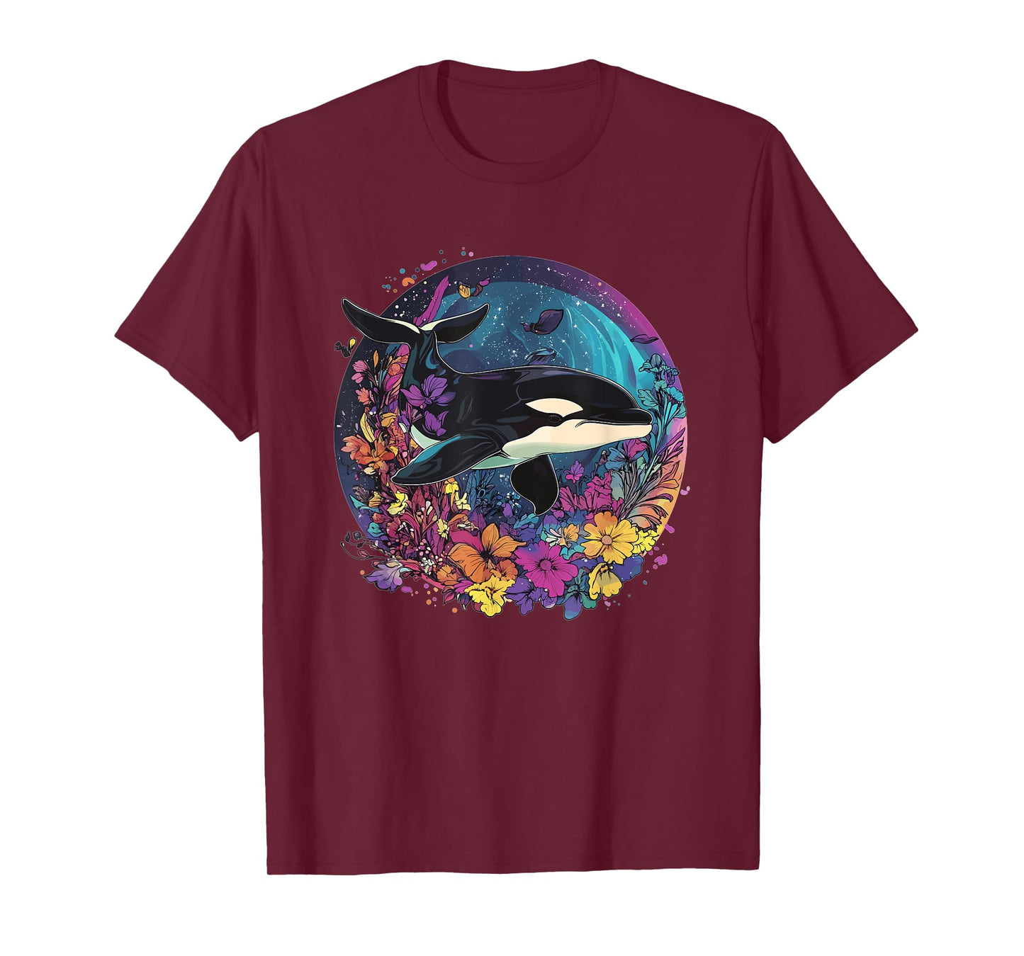 Orca Whale Surrounded By Vibrant Flowers T-Shirt