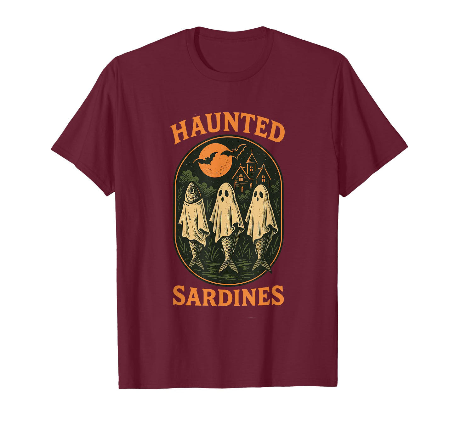 Haunted Sardines Halloween Fish Skeleton Ghost Retro Fishing T-Shirt