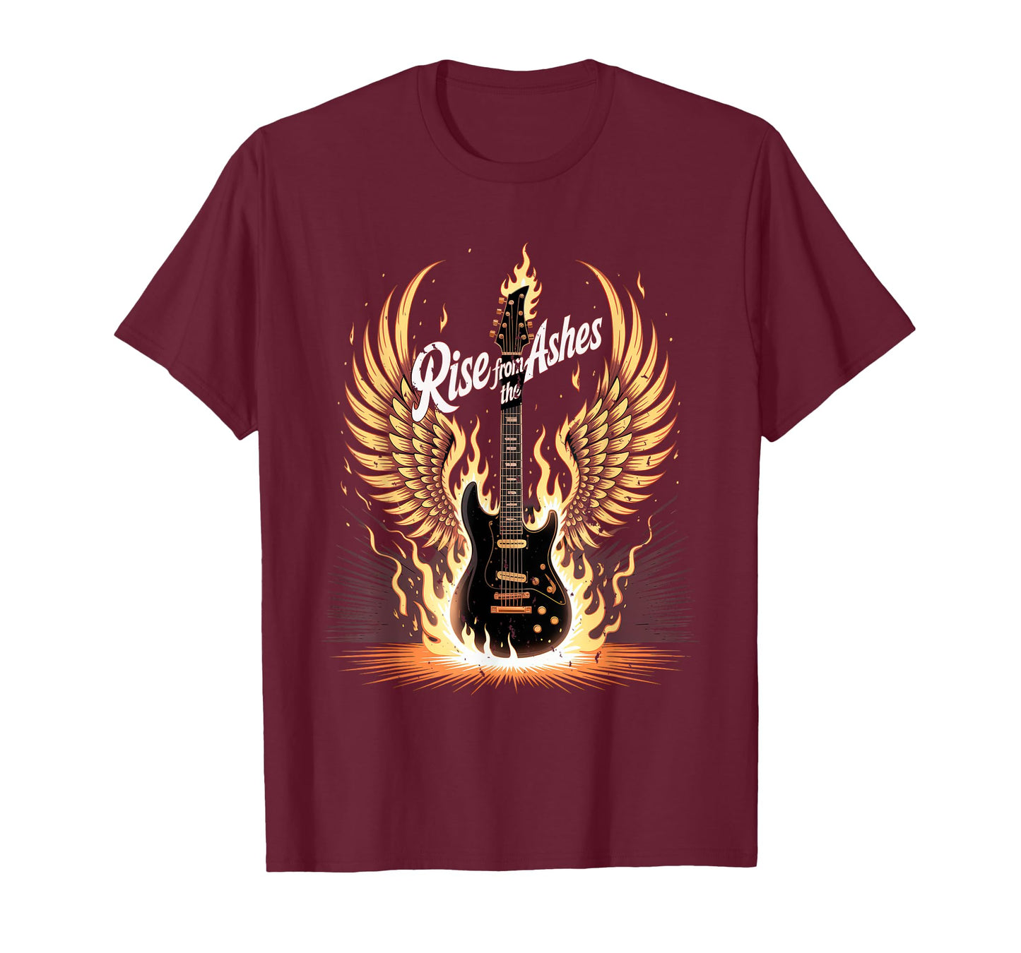 Electric Guitar Graphic with Fiery Winged Silhouette in Blac T-Shirt