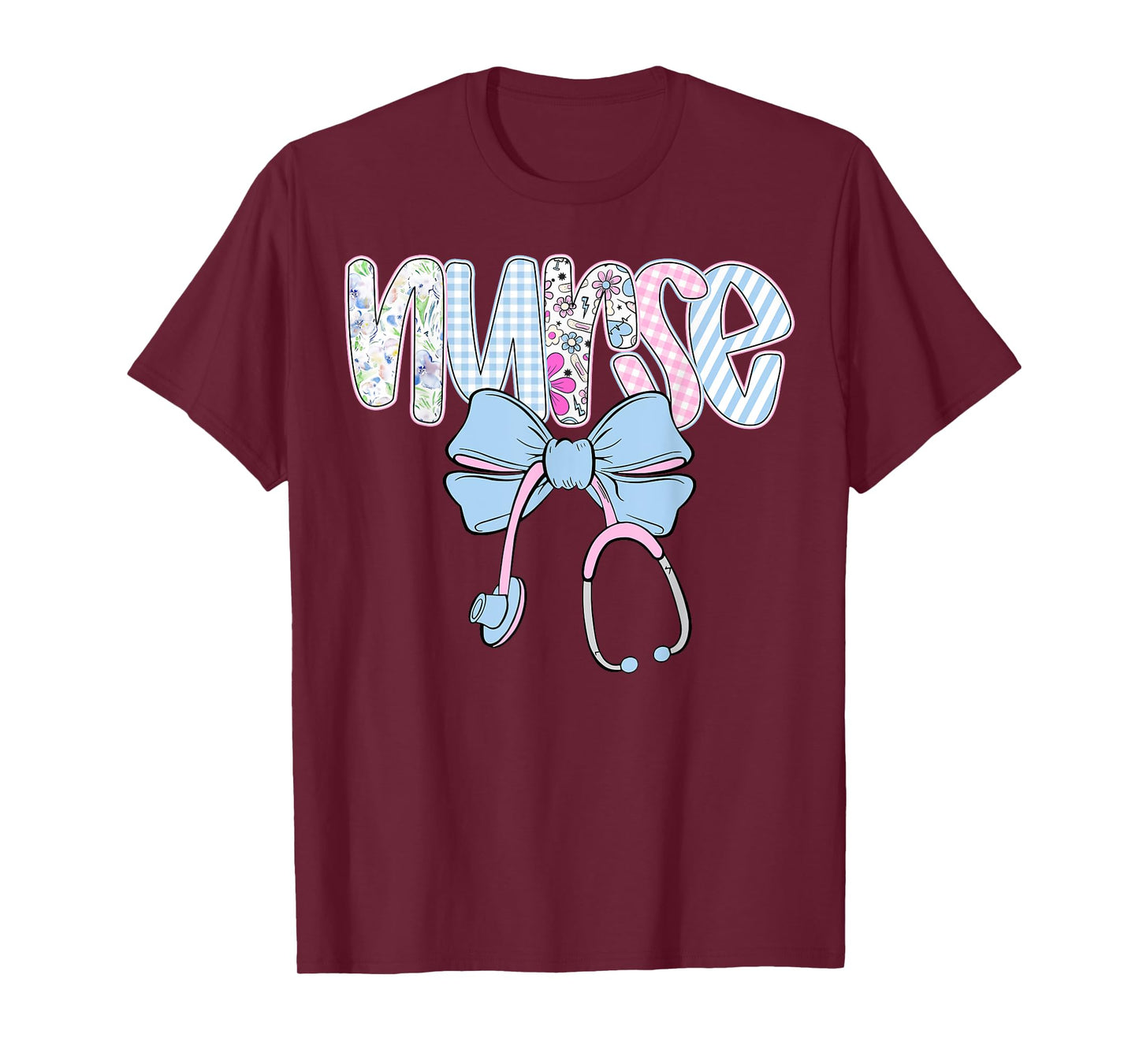 Nurse Floral Blue Coquette Bow Nurse Stethoscope RN CNA ER T-Shirt