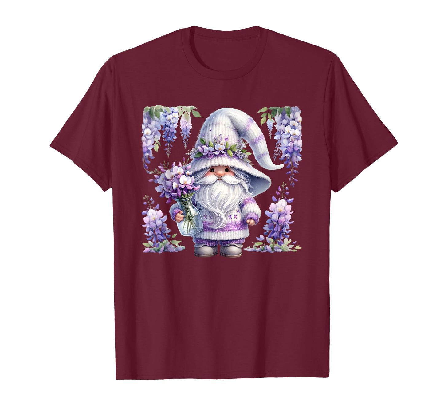 Purple Wisteria Flowers For Mom Cute Gardening Gnome Floral T-Shirt