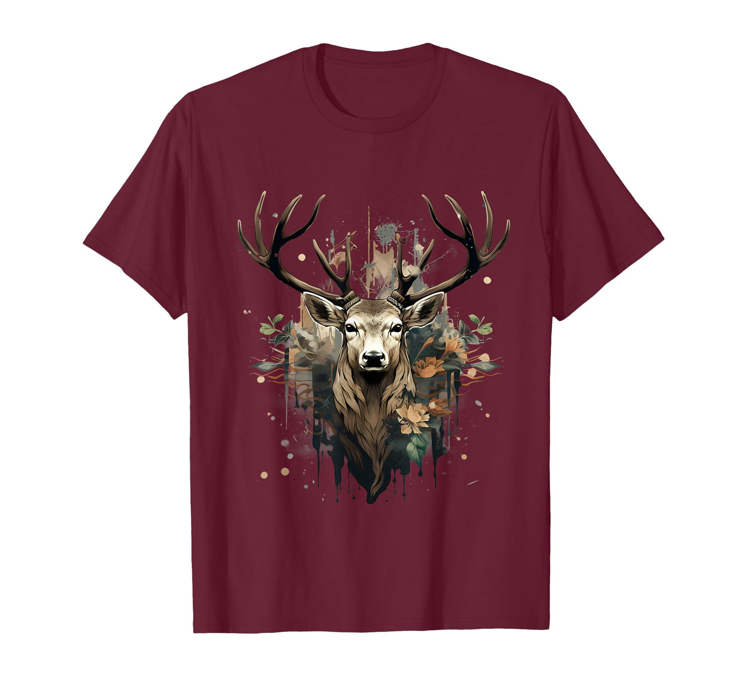 Deer Portrait Floral Artwork Wildlife Nature Animal Lovers T-Shirt