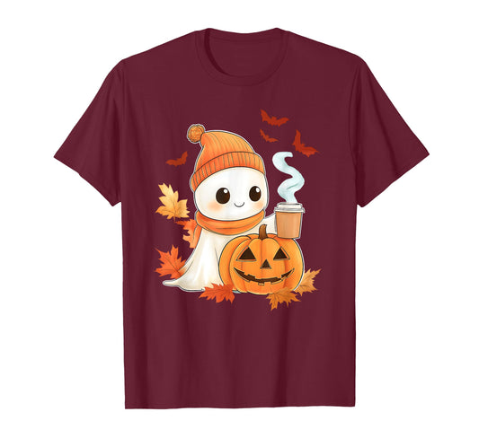 Cute Ghost Coffee Lover Halloween Ghost Pumpkin Spice Womens T-Shirt