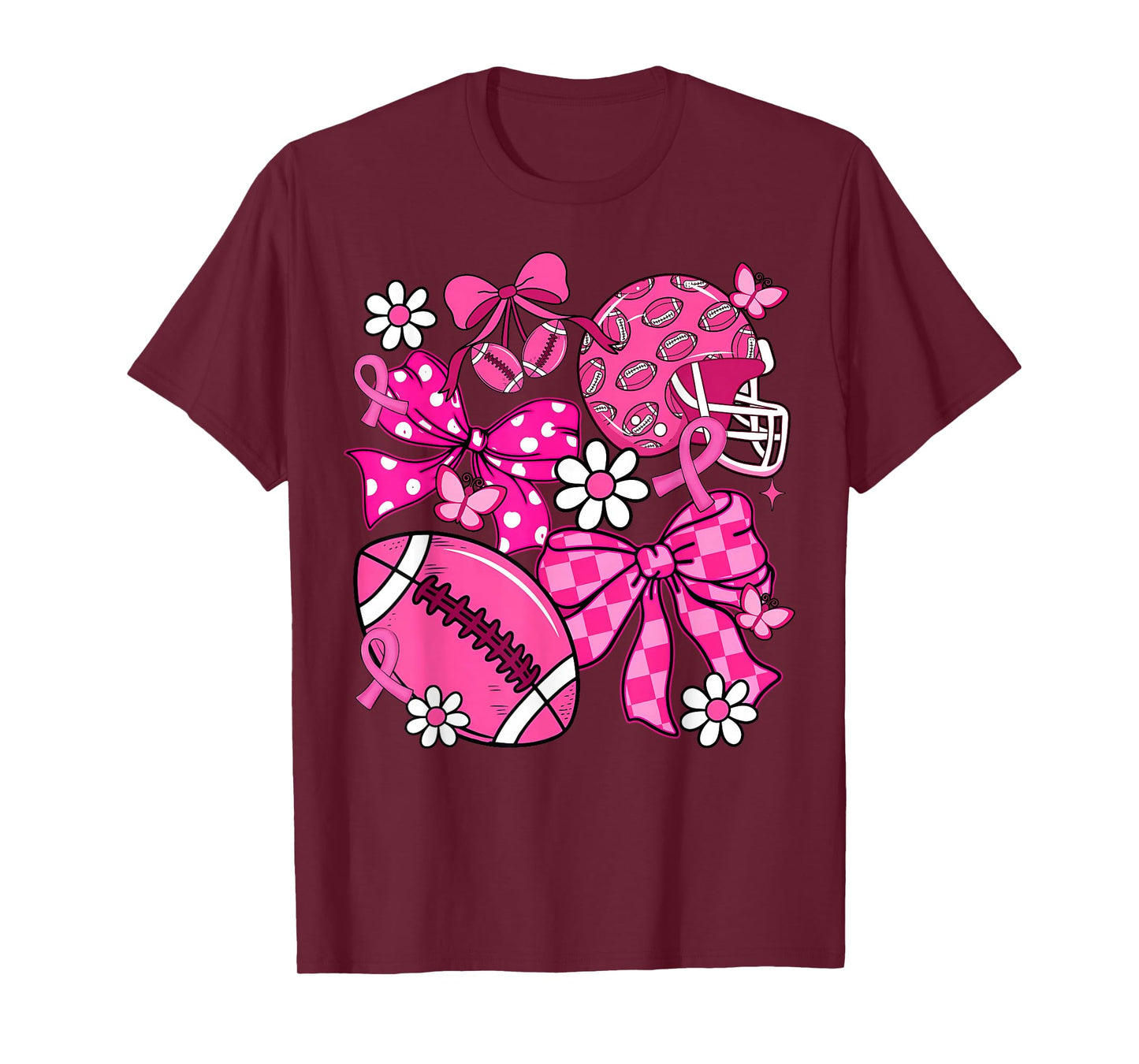 Coquette Bow Breast Cancer Awareness Football Pink Ribbon T-Shirt