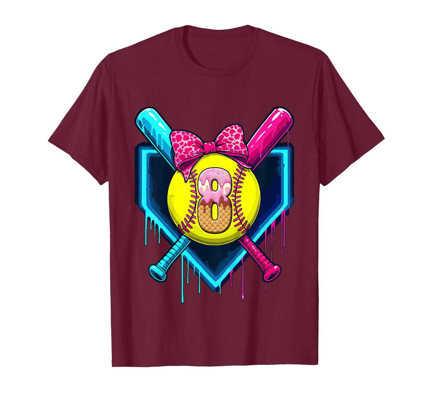 Softball 8 Years Old Ice Cream Drip 8th Birthday Girl T-Shirt