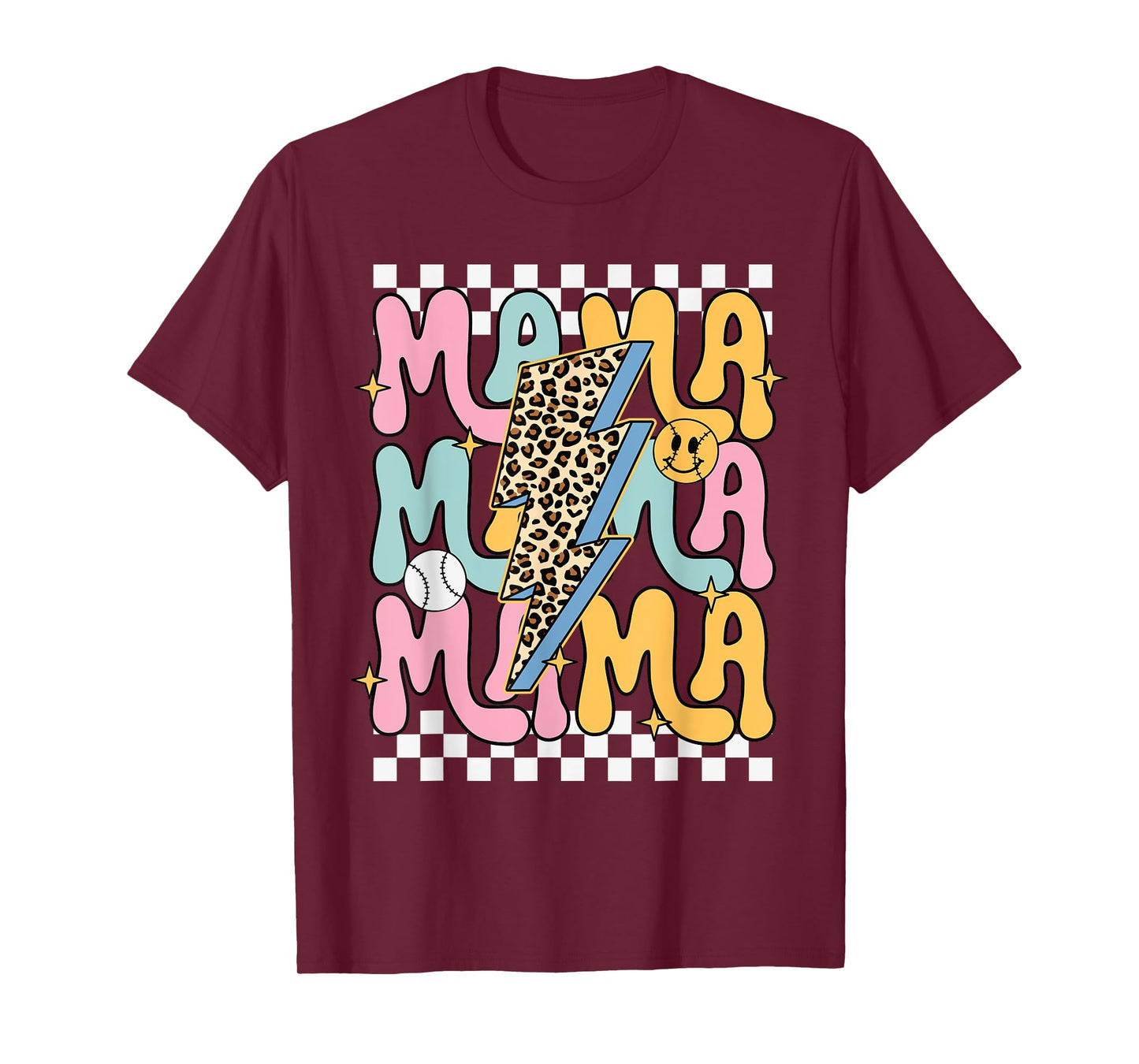 Retro MAMA Leopard Lightning Bolt Baseball Softball Smile T-Shirt