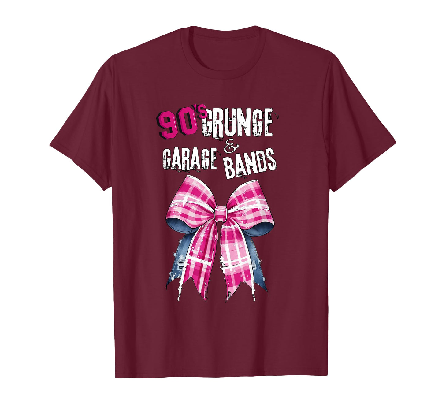 90s t s, Grunge & Garage Bands-Pink Plaid Bow Vintage Music T-Shirt